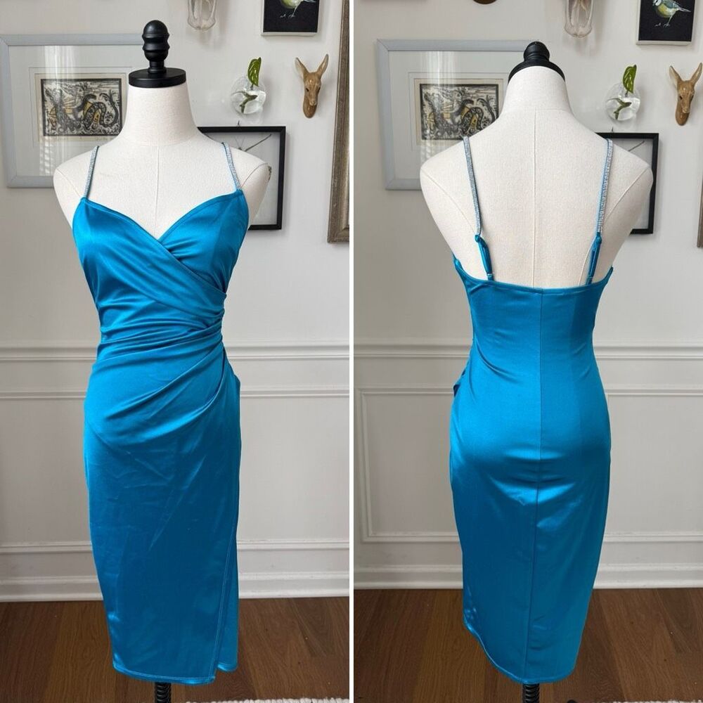 Camille La Vie Brilliant Blue Satin Ruched Cocktail Dress Rhinestone Straps M